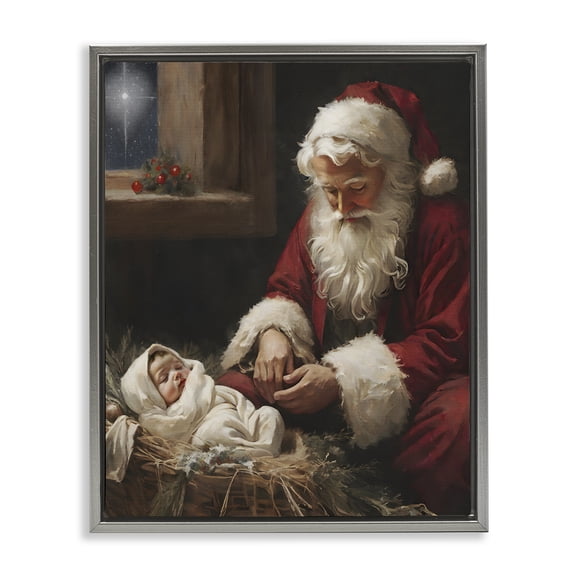 Santa Believes with Baby Jesus Gray Floating Frame Canvas Art, 25 x 31, Made In USA