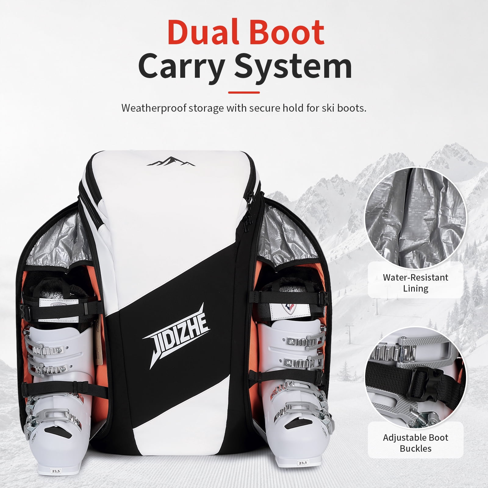 JIDIZHE Ski Boot Backpack Water-Resistant Textured Fabric 12.6 x 7.5 x 20.5 in for Snow Travel, Black and White