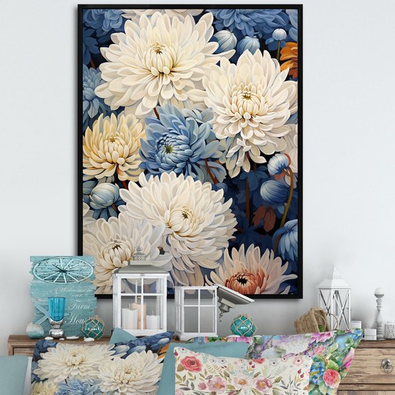 Designart "Minimalist Mums In Beige And Muted Blue" Mums Floater Framed Wall Art Living Room