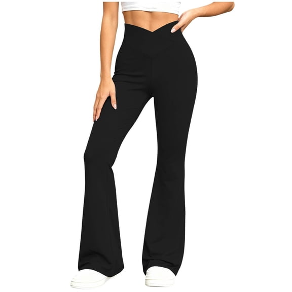 Utoimkio Women's Crossover V High Waist Flared Yoga Pants,Solid Stretchy Knit Full Length Bootcut Casual Leggings for Daily Lounge Wear