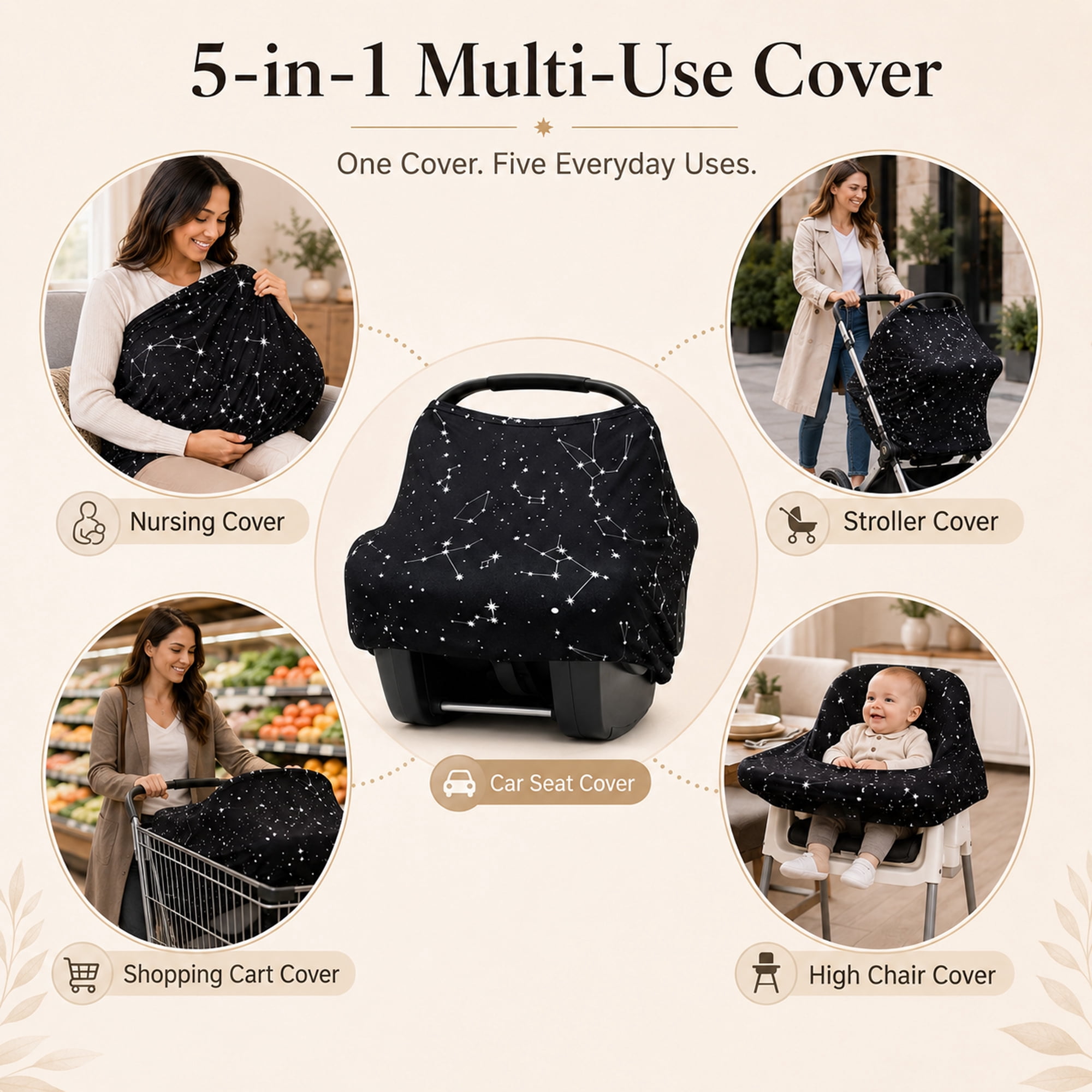 Baby Car Seat Cover & Nursing Cover, Stretchy 5-in-1 Breastfeeding Canopy with Carry Pouch, Black Constellation