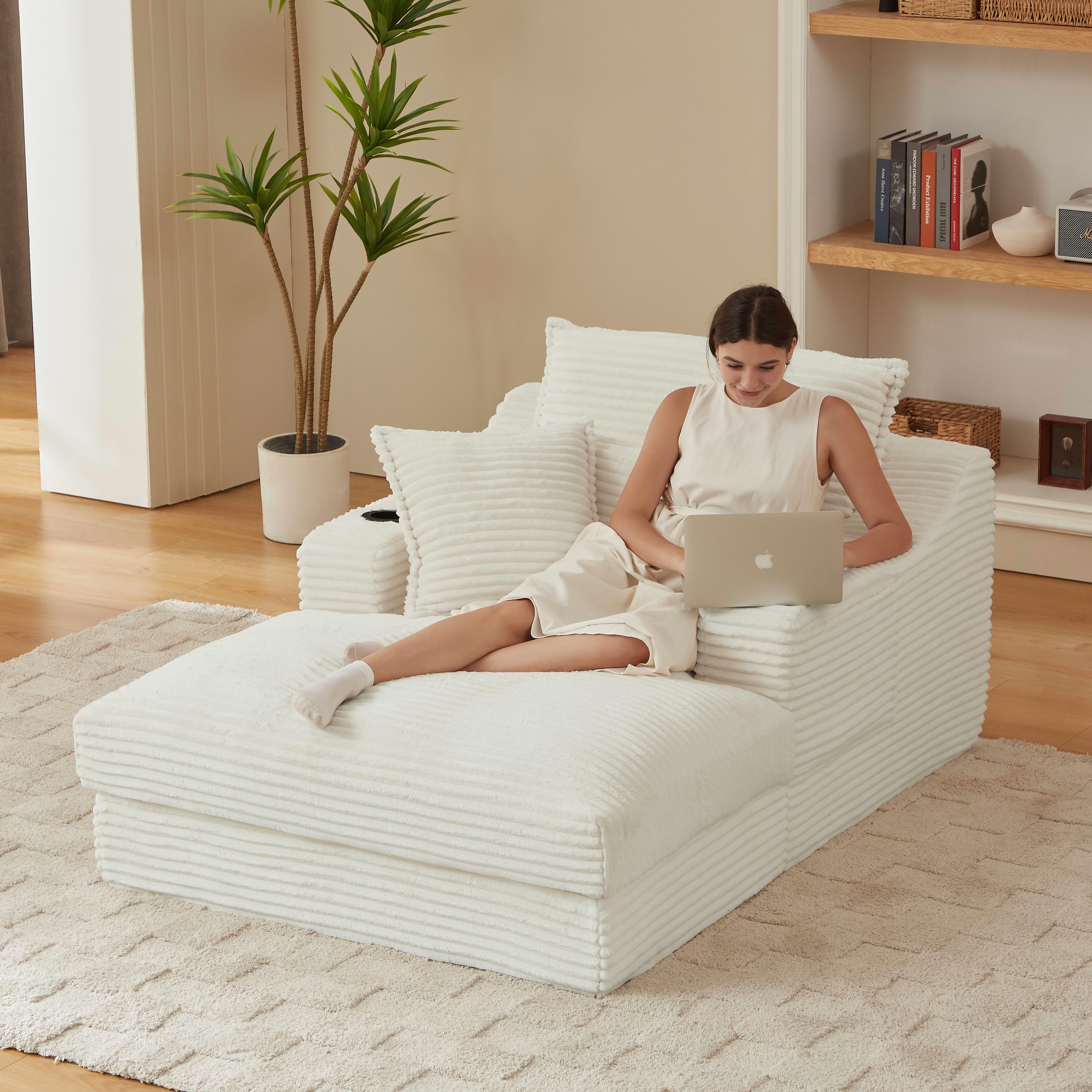 MAYEERTY Modern Compression Lounge Chair, Soft Corduroy Chaise Sofa with Cup Holders for Living Room, 47" White