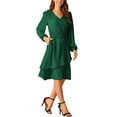 thumbnail image 4 of INSPIRE CHIC Women's Layered V Neck Long Sleeve High Waist Midi Dress With Pockets L Dark Green, 4 of 5