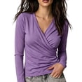 thumbnail image 2 of ZDNIXIAN Women Wrap V Neck Long Sleeve T Shirt ,Soft Stretchy Ruched Fitted Blouse, Casual Solid Color Surplice Front Slim Fit, 2 of 5