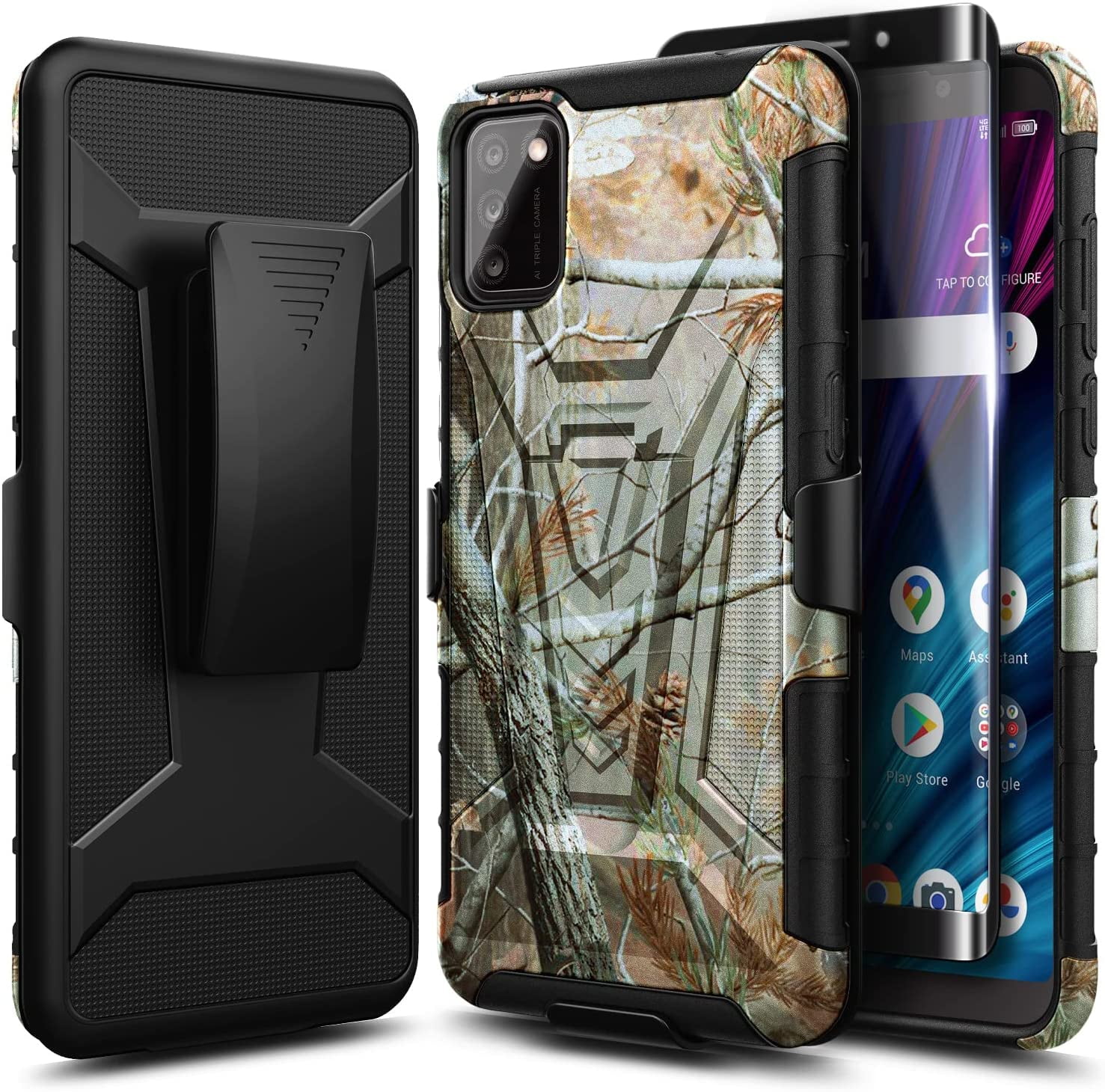 Nagebee Case for Alcatel TCL A3X (A600DL) with Tempered Glass Screen Protector (Full Coverage), Belt Clip Holster with Built-in Kickstand, Heavy Duty Shockproof Armor Rugged Case (Camo)