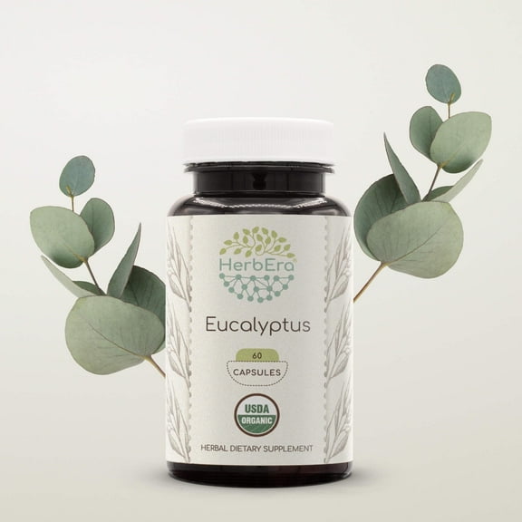 HerbEra Eucalyptus Capsules, Organic Herbal Dietary Supplement for Respiratory Support, Certified Organic Eucalyptus (Eucalyptus Globulus) Dried Leaf Capsules, Natural, 60 Capsules
