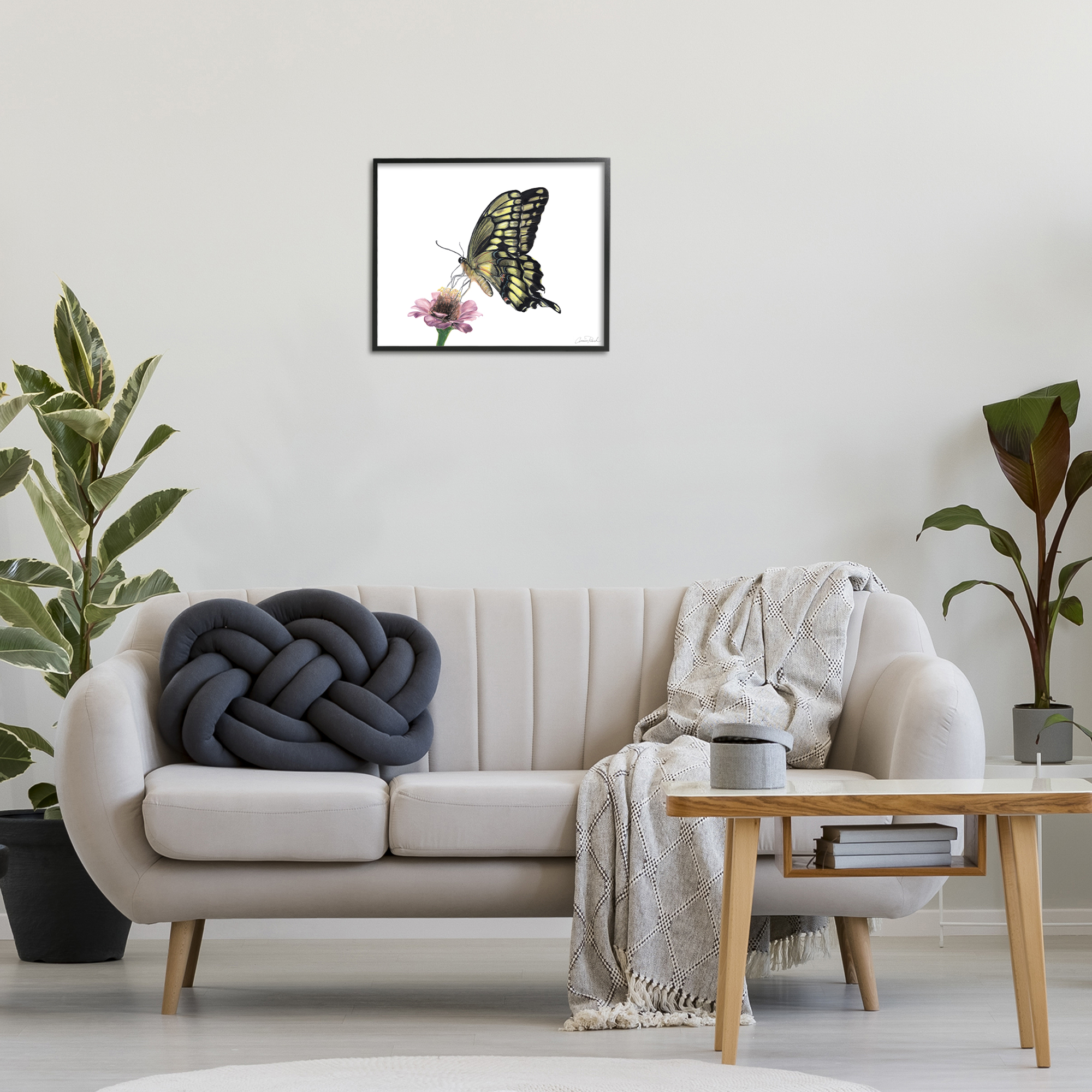 Stupell Industries Minimal Butterfly & Flower Animals & Insects Painting Black Framed Art Print Wall Art, 20 x 16