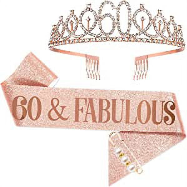 Corona de cumpleaños de 60 años Faja de cumpleaños para mujer Sombrero de cumpleaños Decoración de cumpleaños para adultos para accesorios de fiesta de cumpleaños o aniversario de bodas (oro rosa)