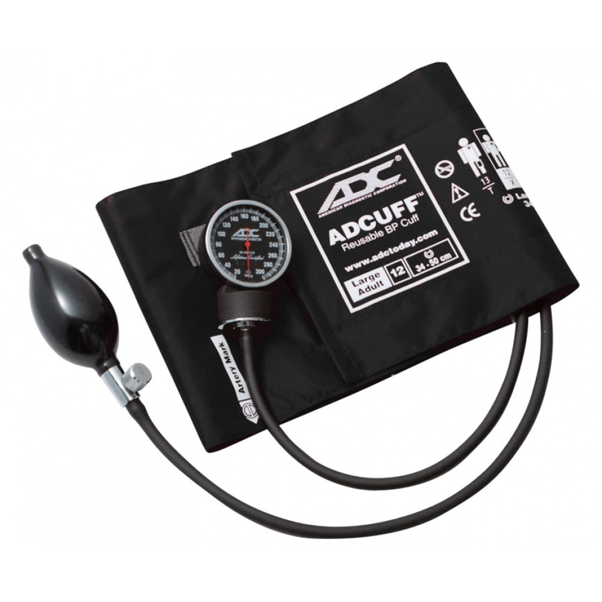 ADC Large Adult Cuff Arm Aneroid Sphygmomanometer Unit 2-Tubes Black 1 Each