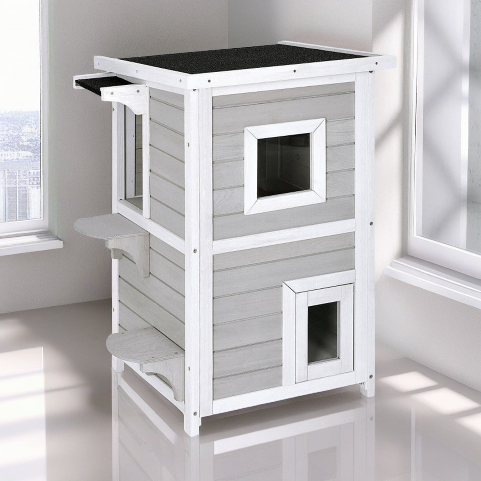 Kadyn 39" Cat House for Outdoor Cats, 2-Story Wood Cat Condo Weatherproof Cat Shelter with and Escape Door, Gray