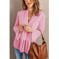 thumbnail image 3 of POGLIP Women's Pink Lace Ruffed Long Sleeve V Neck Shirt, 3 of 6
