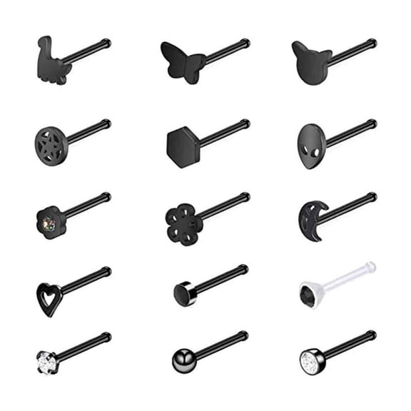 ZS 15PCS 20G Plating Black Color Nose Stud Piercing Cute Design Nose Rings Set Mix Style Nostril Piercing Nose Bone/L Shaped/Nose Corkscrew
