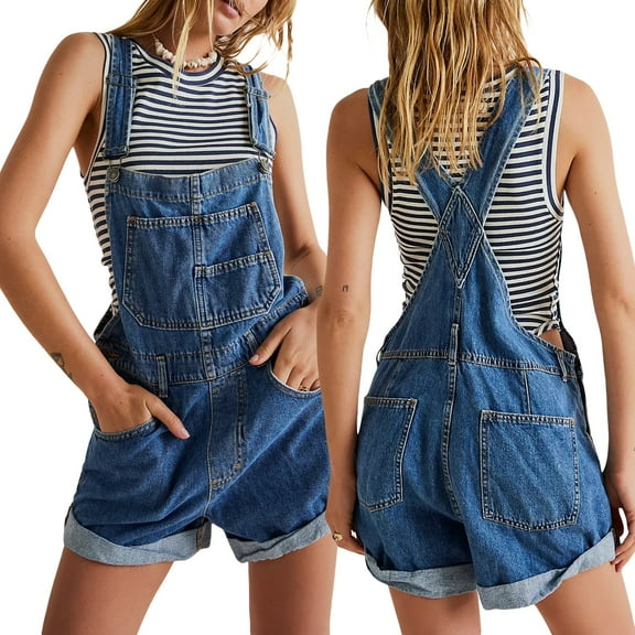 Women Suspender Denim Shorts with Pocket Bib Overalls Casual Cuffed Hem Jean Shorts Jumpsuit