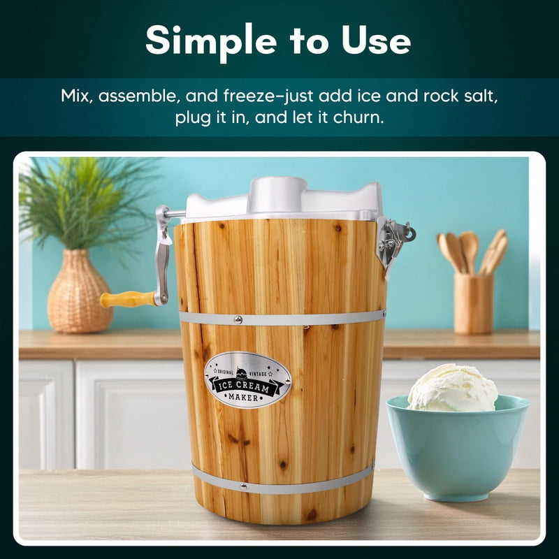 Elite Cuisine EIM569 6Qt. Old Fashioned Pine Bucket Ice Cream Maker with Hand Crank
