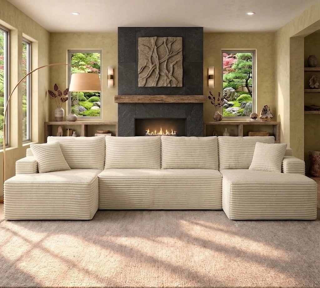 Howcool 134" Modular Cloud Couch, U-Shaped Sectional Sofa with Double Chaise, Oversized Deep Seat Boneless Corduroy Sofa with Cup Holders & Side Pockets, No Assembly Required, Beige