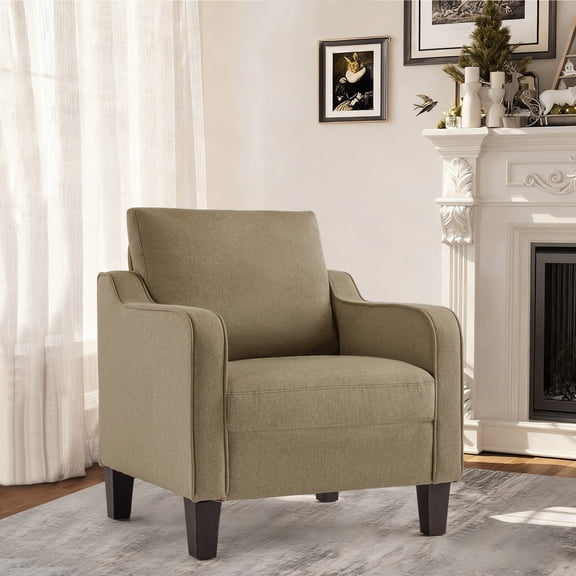 SAETSFEG Mid-Century Accent Chairs, Linen Modern Upholstered Living Room Chair, Comfy Reading Armchair with Scooped Arm and Wide Seat, Compact Single Sofa Chair for Bedroom Office, Brown 1PC