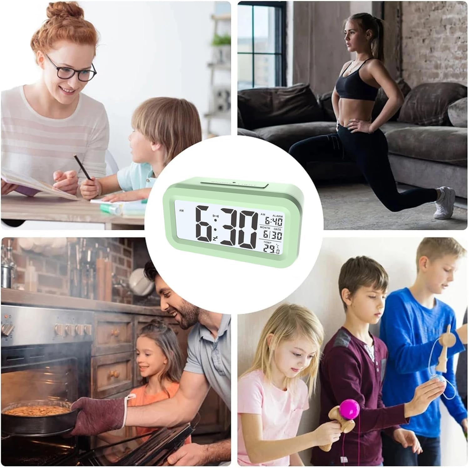 Digital Alarm Clock 4.3 Inch LED Display Battery Powered with Temperature Calendar Snooze Light Control Adjustable Brightness Portable Bedside Clock Green
