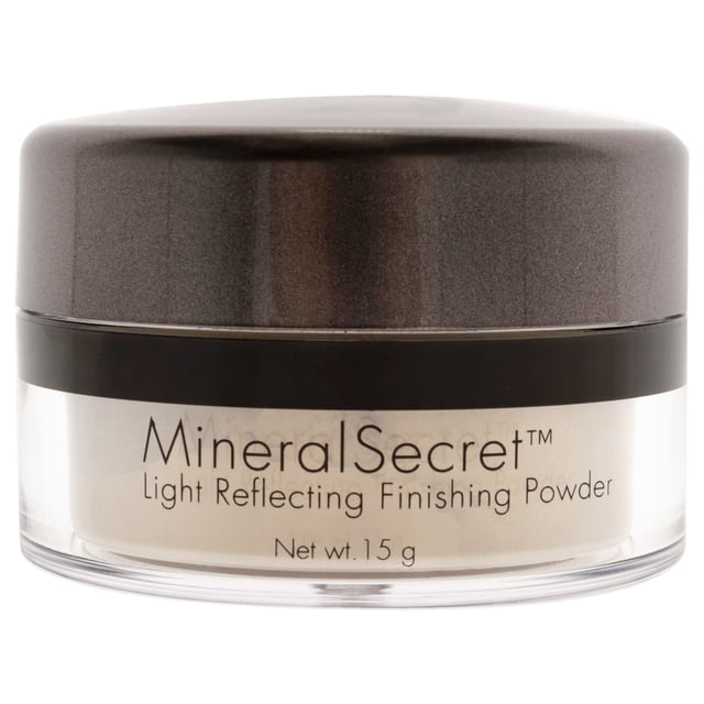sorme cosmetics polvo mineral secrets polvo de acabado suelto - 422 medio 0.53 oz frasco frontal con tapa marrón oscuro, envase cilíndrico transparente que muestra polvo suelto en tono medio, etiqueta 'MineralSecret Light Reflecting Finishing Powder' y peso neto 15 g visible; ideal para retoques rápidos y uso en viajes.