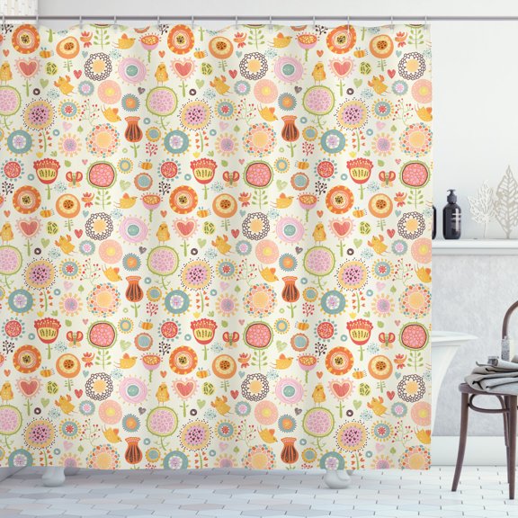 Ambesonne Retro Shower Curtain, Flowers Singing Birds, 69"Wx75"L, Multicolor