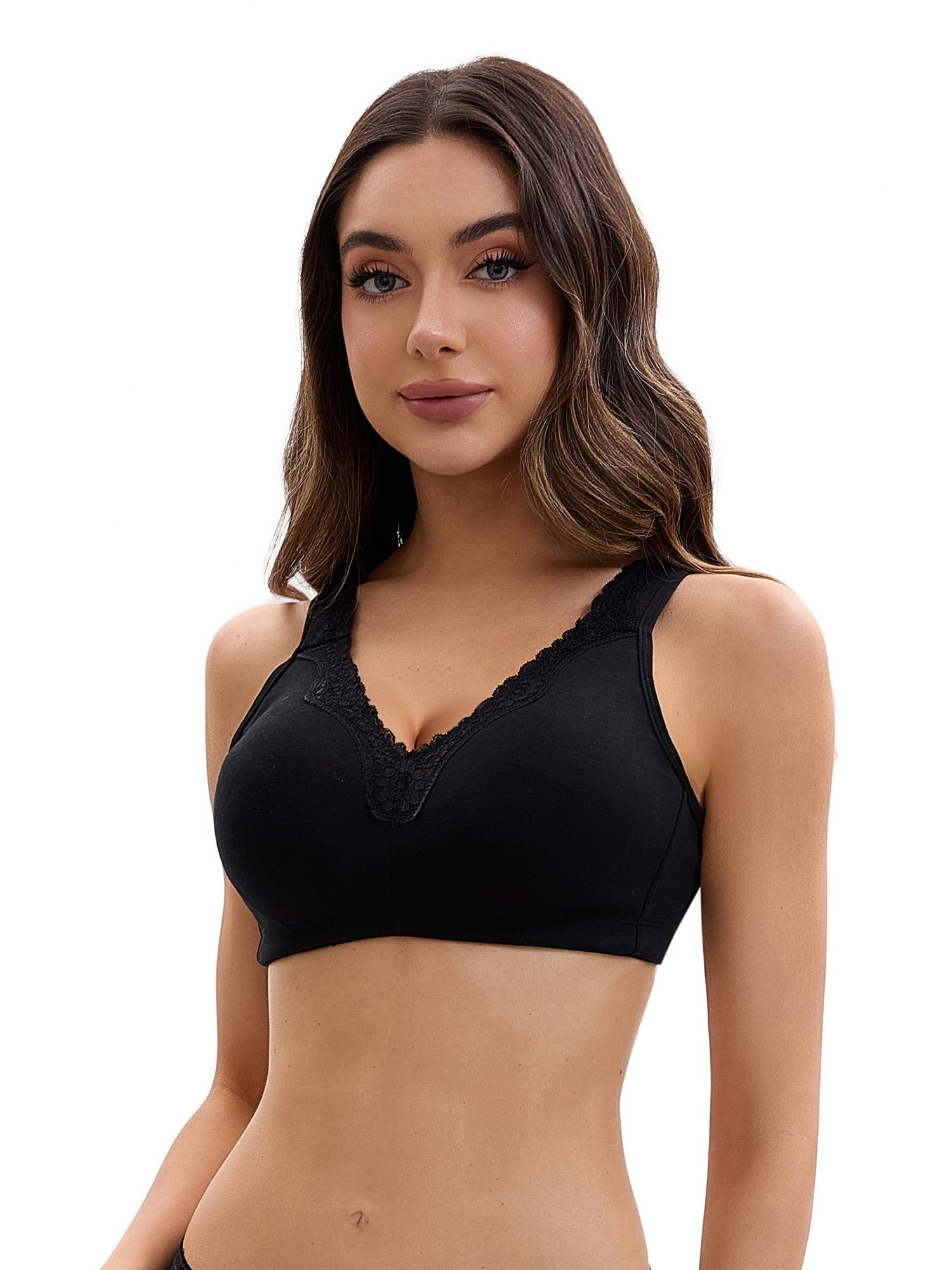 Unique Bargains Women's Lace Trim Full Coverage Adjustable Strap Bras E 36 Black