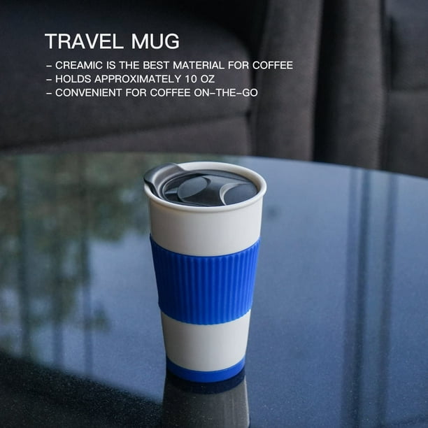 KSCD Ceramic Double Wall Insulated Travel Coffee Cup with Slider Lid Silicone Sleeve Built In Coaster 10 fl.oz Coffee Coffee 10 fl.oz