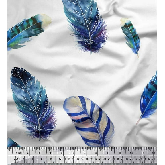 Soimoi Blue Cotton Duck Fabric Artistic Feather Printed Fabric 1 Yard 42 Inch Wide