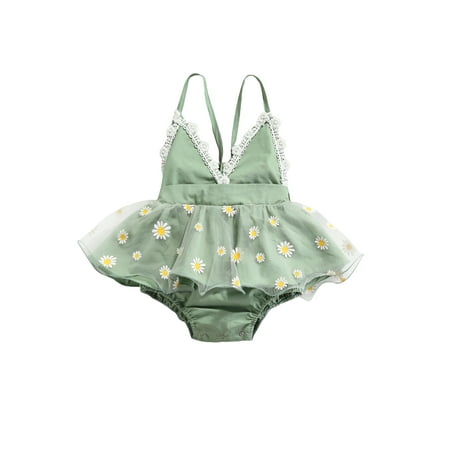 

Amuver Baby Daisy Print Short Romper Girls Sleeveless Backless V-neck Tie-up Jumpsuit for Summer