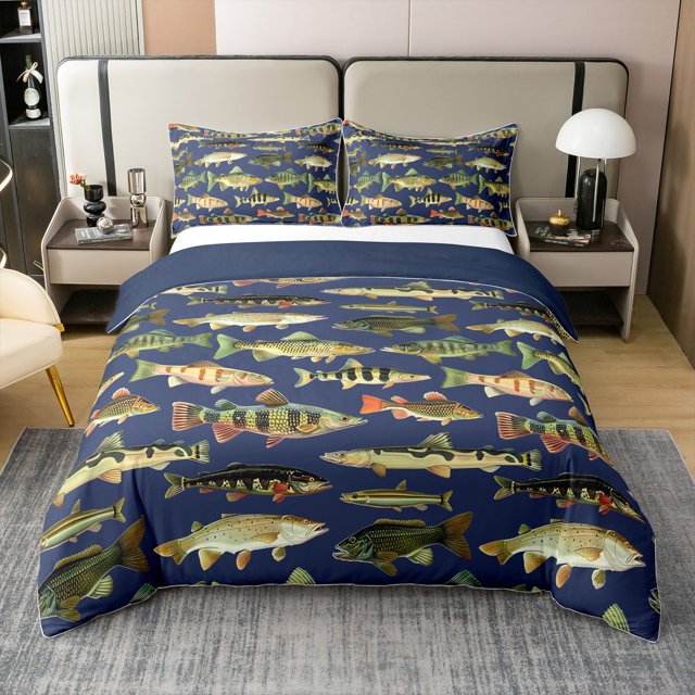 Erosebridal 3D Pike Fish 100% Cotton Comforter Cover King, Hunting and Fishing Bedding Sets King Size, Rustic Animal Reversible Bed Set, Ultra Soft Room Decoration, 3pcs(No Comforter)