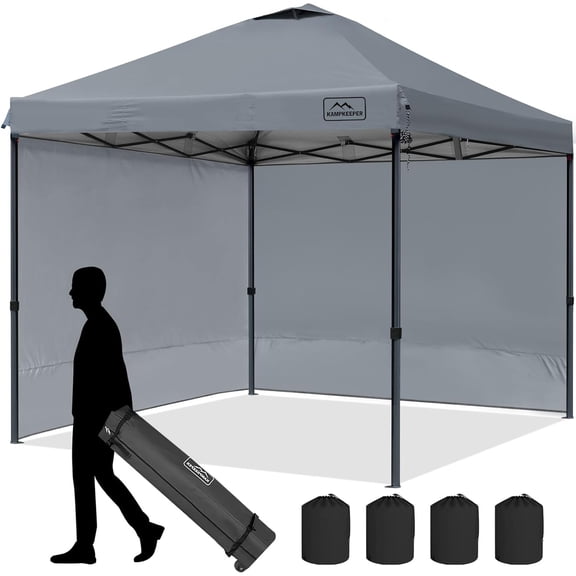 KAMPKEEPER 10x10 Pop Up Canopy Tent with 2 Sidewalls, Portable Outdoor Sun Shade, Grey