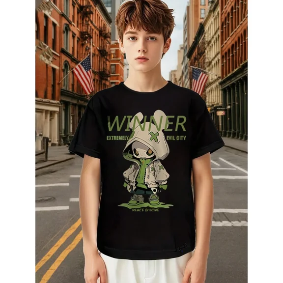 children's wear Black Graphic T-Shirt with Urban Cartoon Character Design Short Sleeve Crewneck Top