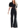 thumbnail image 2 of Gaecuw Overall Jumpsuit for Women Short Sleeve Overall V Neck Band Collar Solid Onesie One Piece Outfits Casual Loose Baggy Long Pants Wide Leg Denim Summer Romper Pull On Ankle Length Trousers, 2 of 8