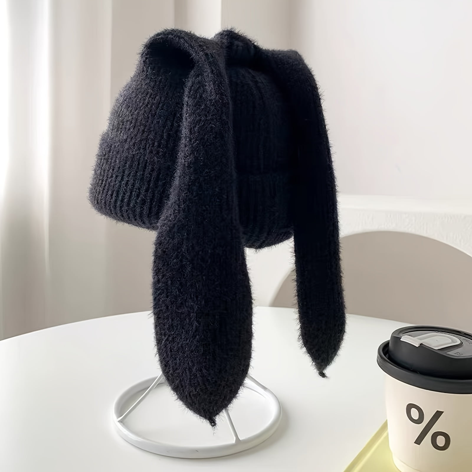 BLSCODE 1pc Cute Long Fluffy Bunny Ears Knitted Beanie Hat Purple