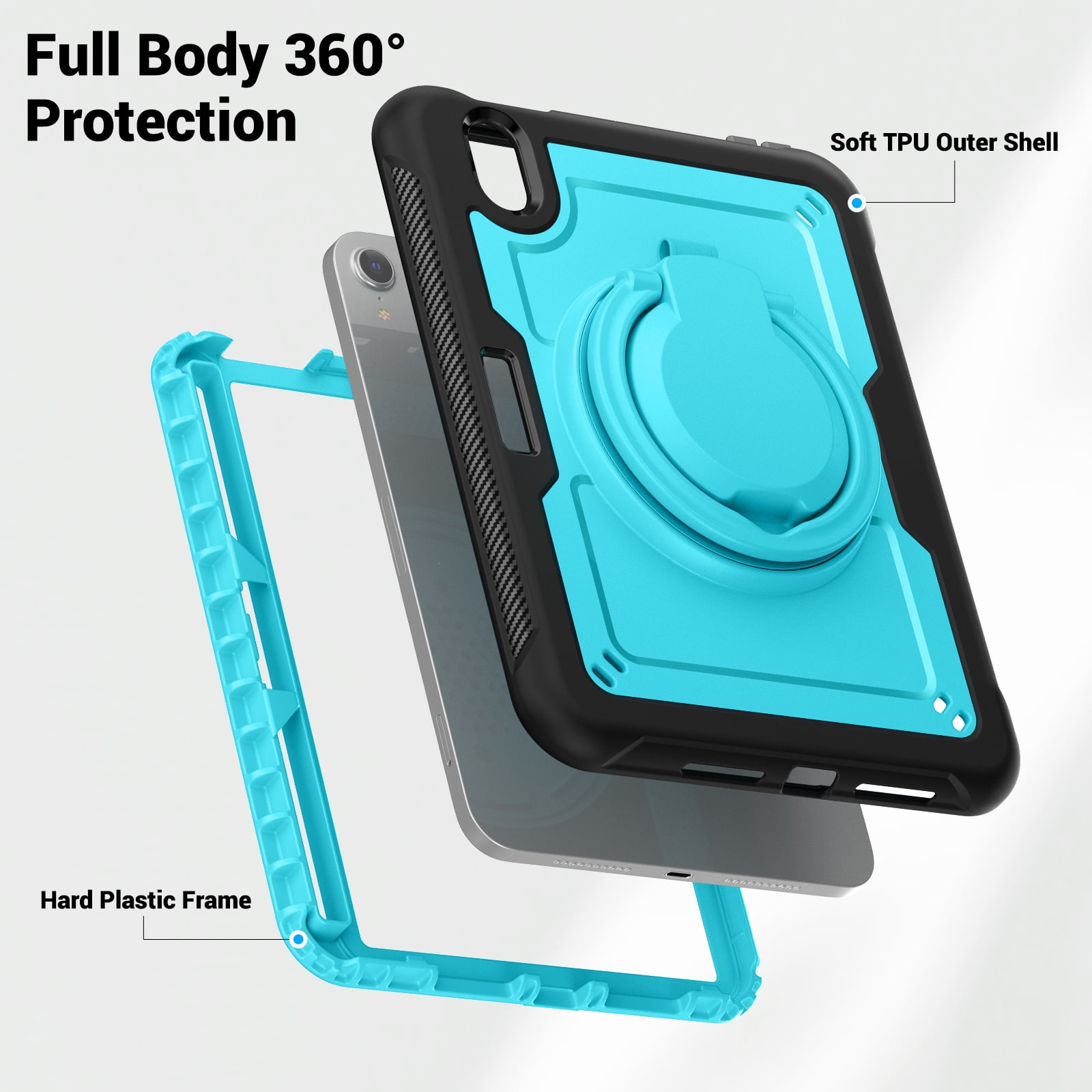 Shockproof Case for Apple iPad Mini 6th 7th Generation 8.3 Inch, Rugged Hybrid Protective Cover with Pencil Holder & Shoulder Strap Kids Friendly Rotating Kickstand Case for iPad Mini 6 7,Lightblue