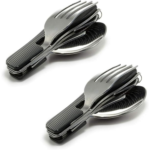 Compañero de comedor portátil para exteriores, cubiertos desmontables, utensilios de camping 4 en 1 de acero inoxidable con tenedor, cuchara, cuchillo y abridor de botellas, juego de cubiertos de