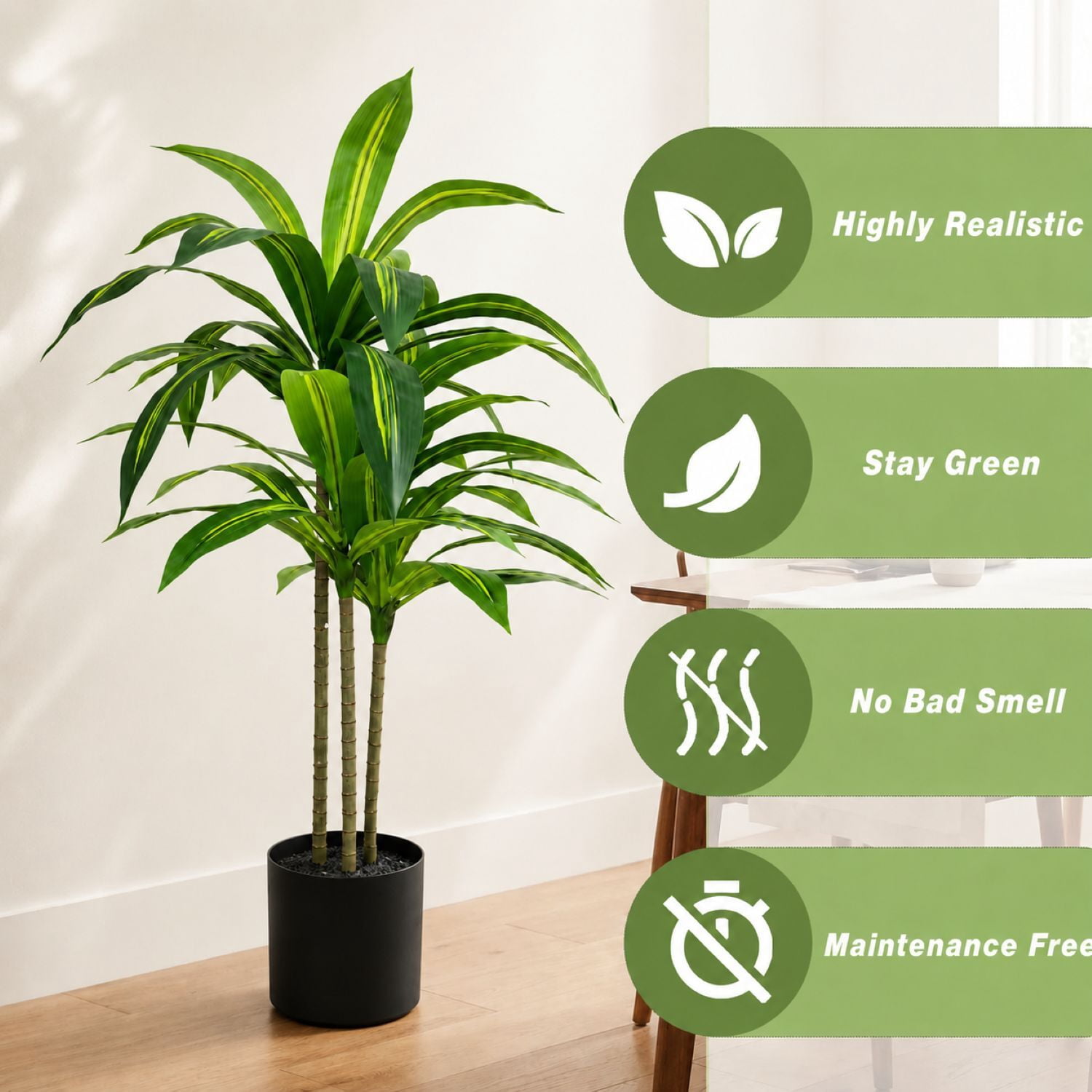 Easy4Home 3.6FT Artificial Plant Fake Dracaena Tree Potted Indoor Faux Floor Plant for Home Office Decor, Black Pot