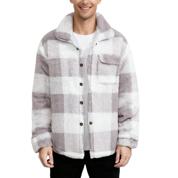 CharmCyan Men Sherpa Fleece Plaid Jacket Button Down Long Sleeve Casual Outerwear with Chest Pocket and Spread Collar Light Gray L