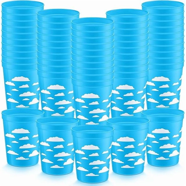 wonima02 48 Pcs Cartoon Party Supplies 16oz Blue Sky White Cloud Birthday Reusable Plastic Cups for Birthday Cartoon Carnival Theme Party Decorations