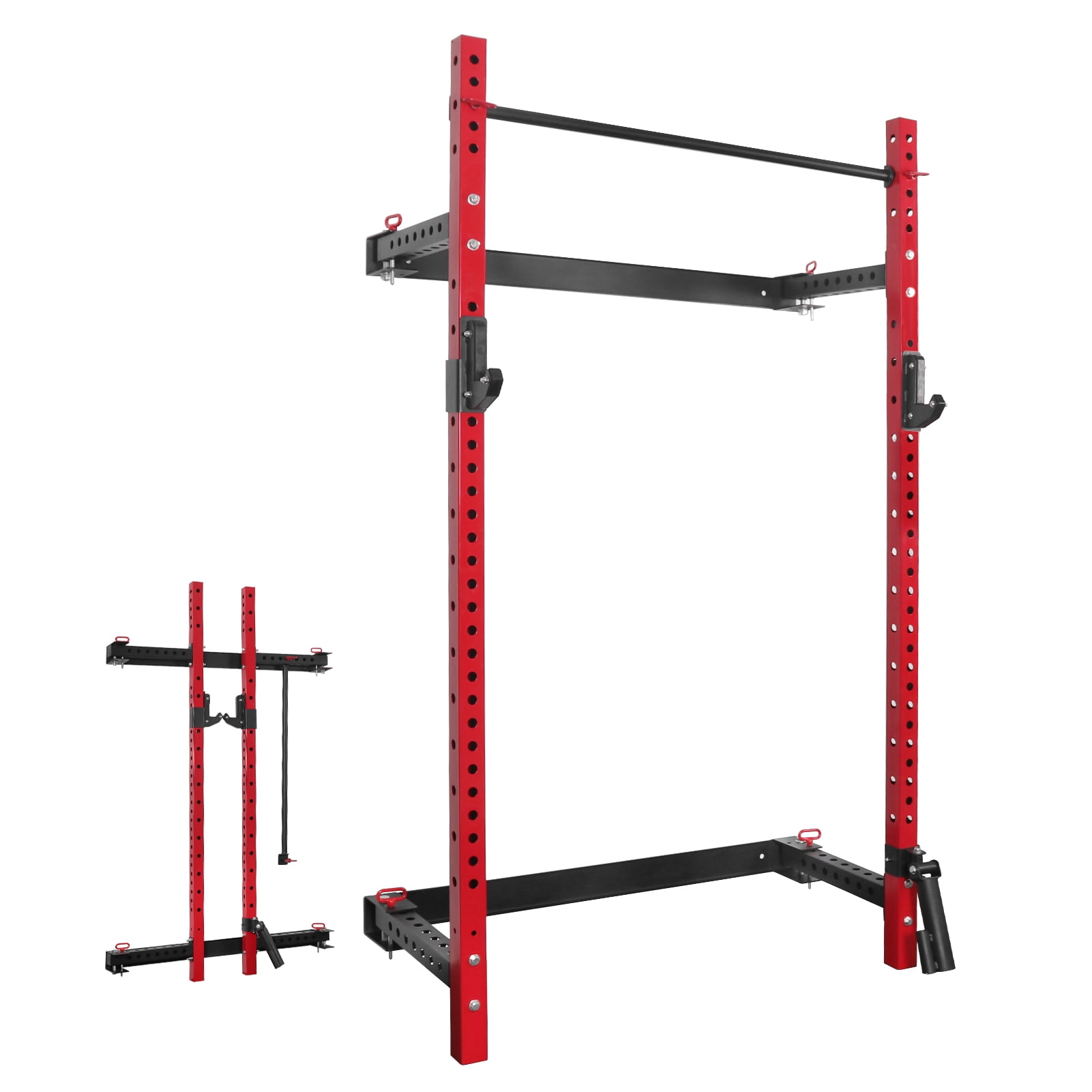 Space-Saving Home Gym Red Signature Fitness 3” x 3” Wall Mounted Fold-in Power Cage Squat Rack with Adjustable Pull Up Bar and J Hooks 