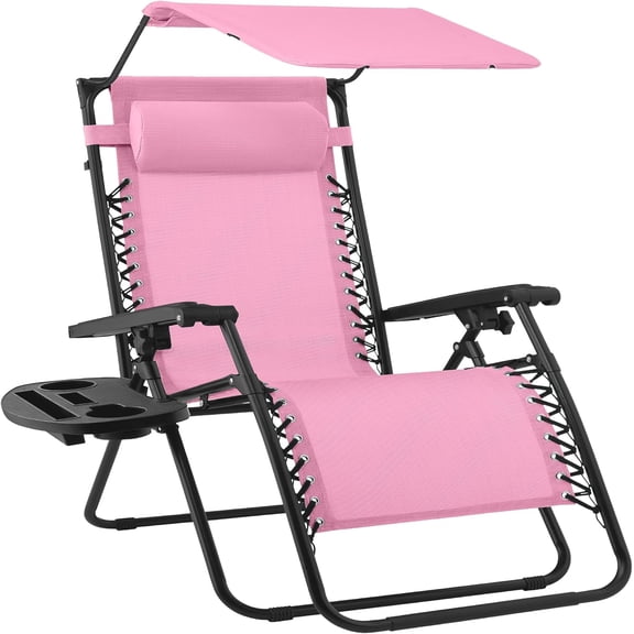 Alpinel Oversized Zero Gravity Chair Recliner w/Canopy Carnation w/ Pillow and Cup Holder Tray, Foldable Lounge Chair with Adjustable Reclining Positions for Patio & Deck