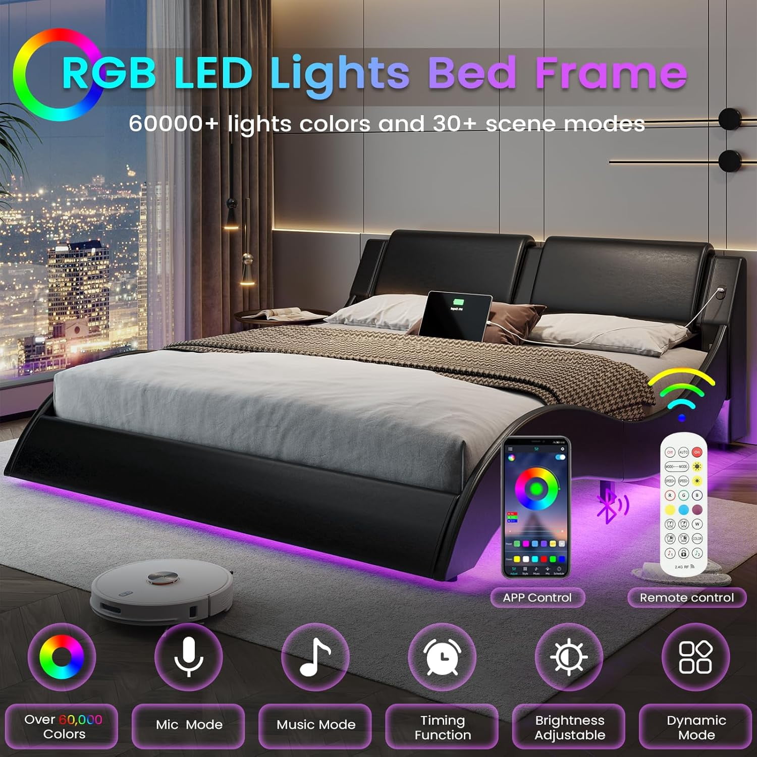Queen Bed Frame with RGB Led Lights & Charging Ports,Modern Faux Leather Upholstered Platform Bed with Headboard Wave Like Curve Low Profile Bed,Wood Slats Support,Squeak Resistant,Black