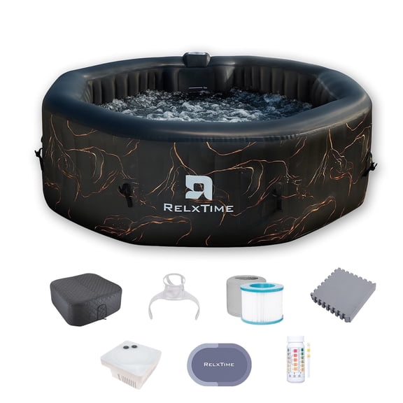 RELXTIME 6 Person Inflatable Hot Tub Octagonal Portable Outdoor Spa with Soothing Bubble Jets, Insulated Cover, 2 Filter Cartridges, Black