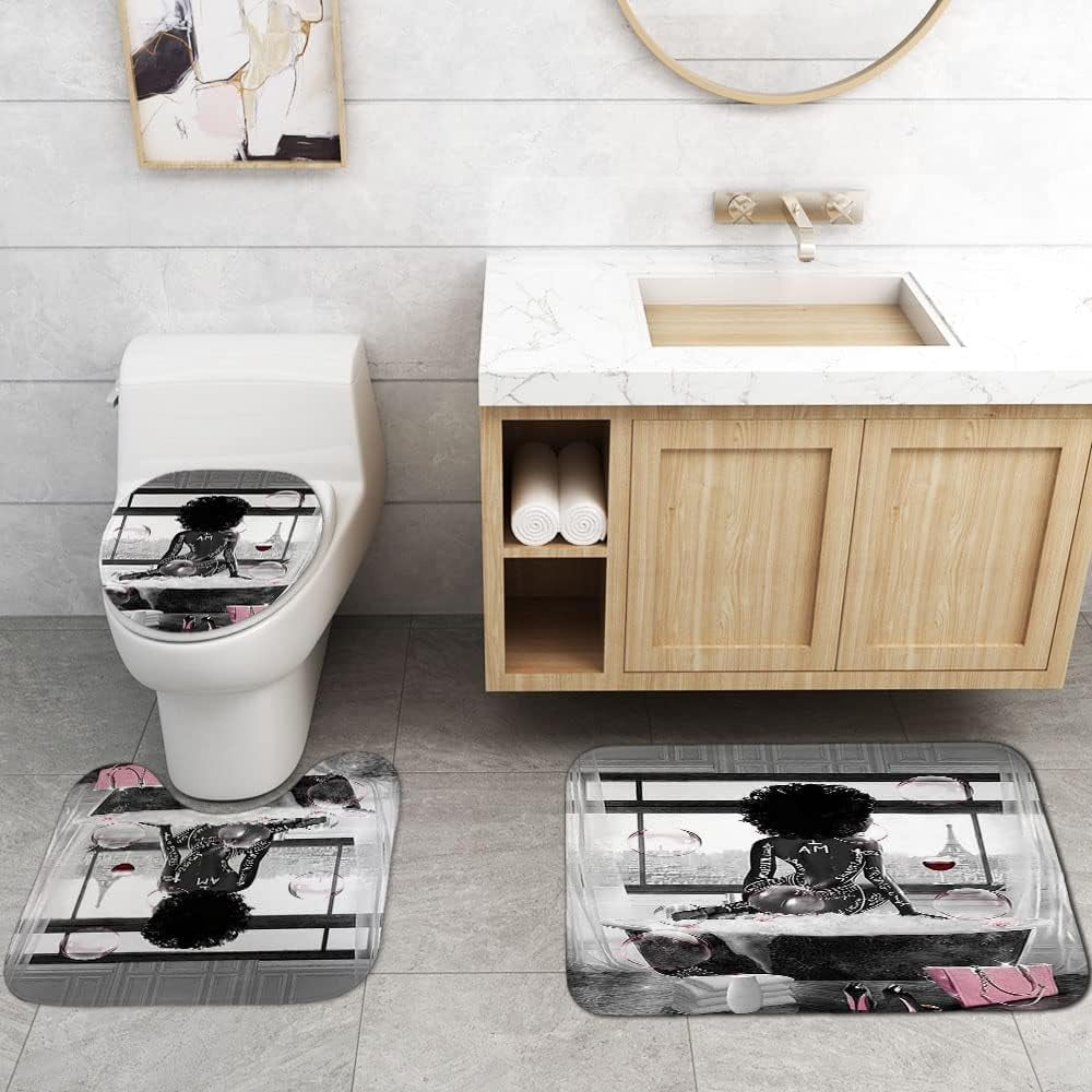 4PCS Black African King Queen Shower Curtain Sets with Rugs,Black Couple Bathroom Sets with Shower Curtain,Bath Mat and Toilet Lid Cover,We are a Team Shower Curtains for Bathroom Decor