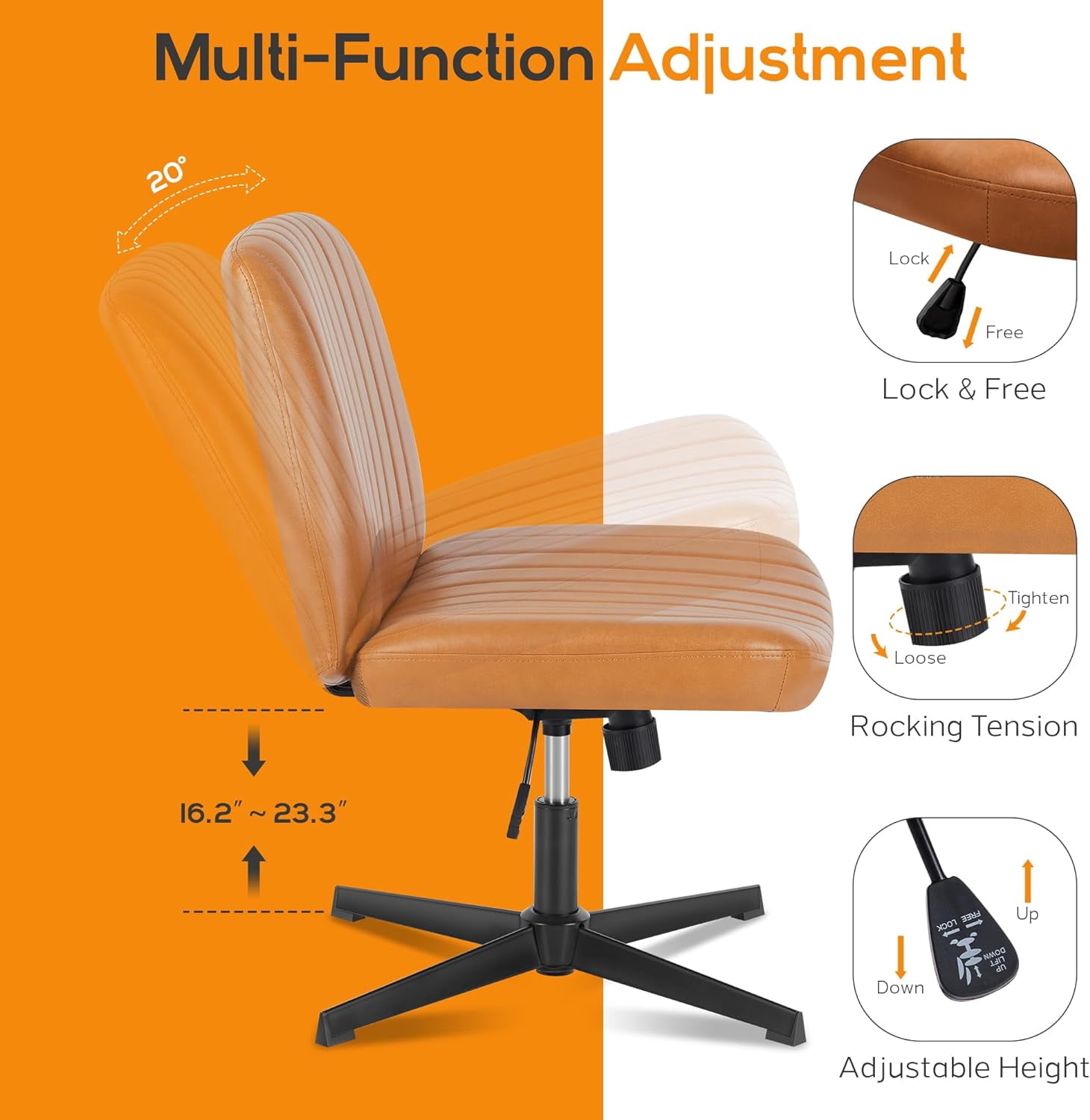 Criss Cross Chair, Cross Legged Office Chair, Wide Comfty Desk Chair, No Wheels Armless Computer Task Chair, Swivel Vanity Home Chair, Height Adjustable