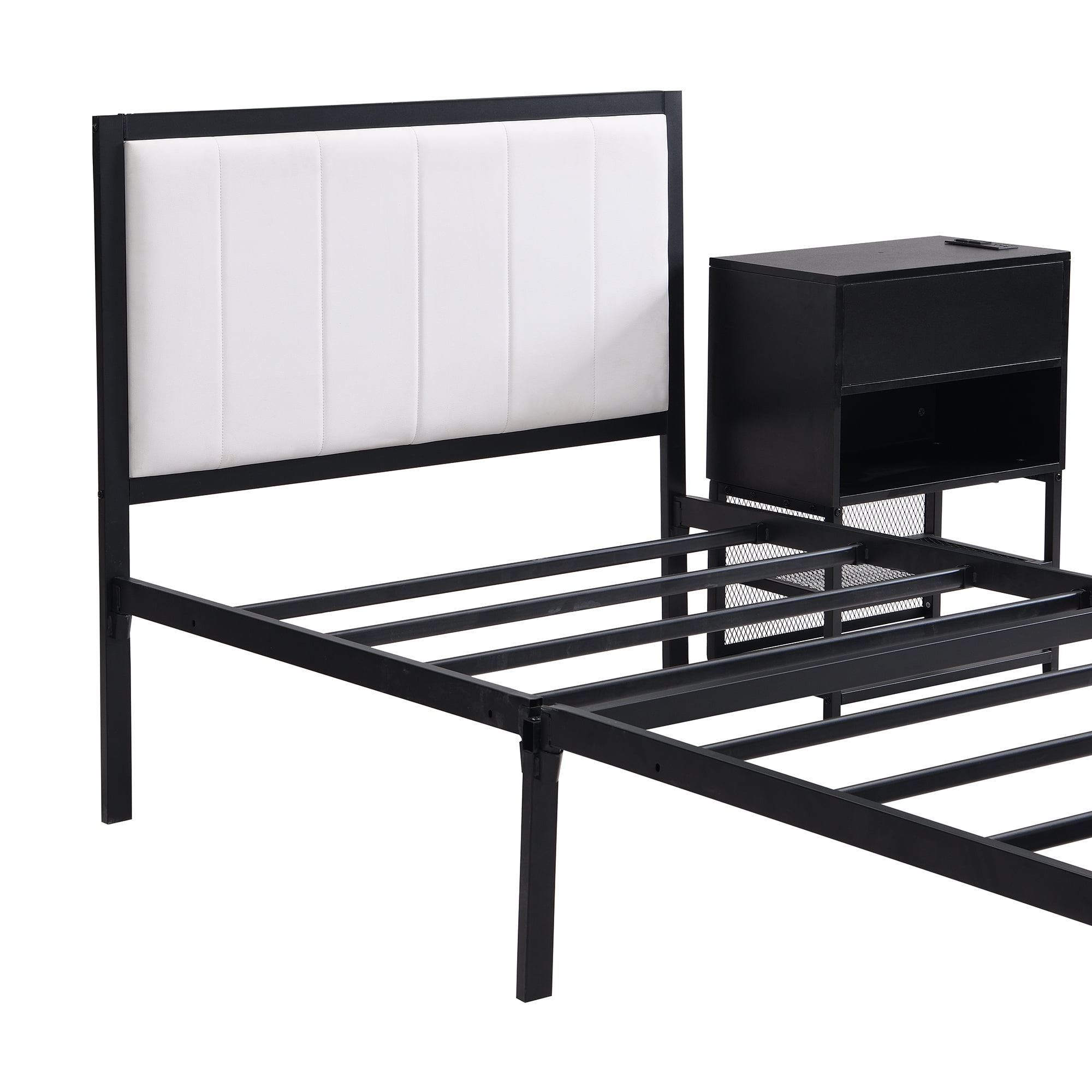 Euroco Metal Twin Size Platform Bed with Two-Tier Storage Shelves for Kids, Wood Cabinet, Black