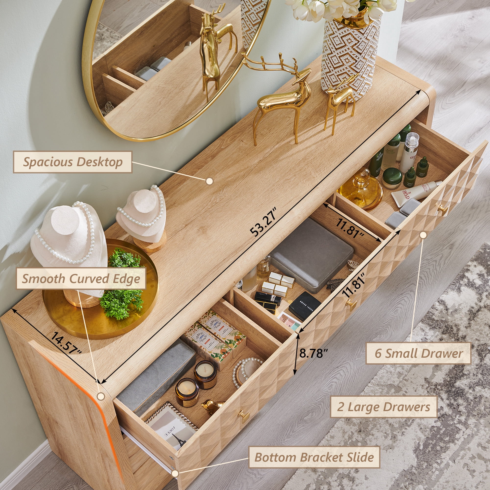 wow97e Modern 8 Drawer Dresser for Bedroom, Wooden Large Dressers & Chests of Drawers w/Diamond Panel Decorate, Natrual