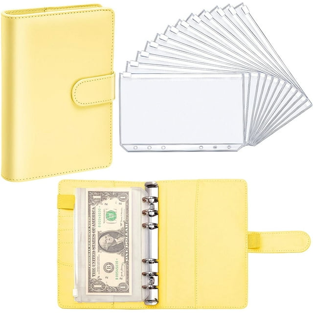 PU Leather Notebook Binder Budget Planner Binder Cover with 12 Pieces Binder Pocket Personal Cash Budget Envelopes System 6 Hole Binder Zipper Folder(Yellow)