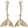 thumbnail image 6 of Pearl Mermaid Tail Dangle Stud Earrings for Women Girls 925 Sterling Silver Cubic Zirconia Shell Pearls Drop Ocean Fishtail Charms Dangling Dainty Cute Christmas Birthday Valentines Jewelry Gifts, 6 of 10