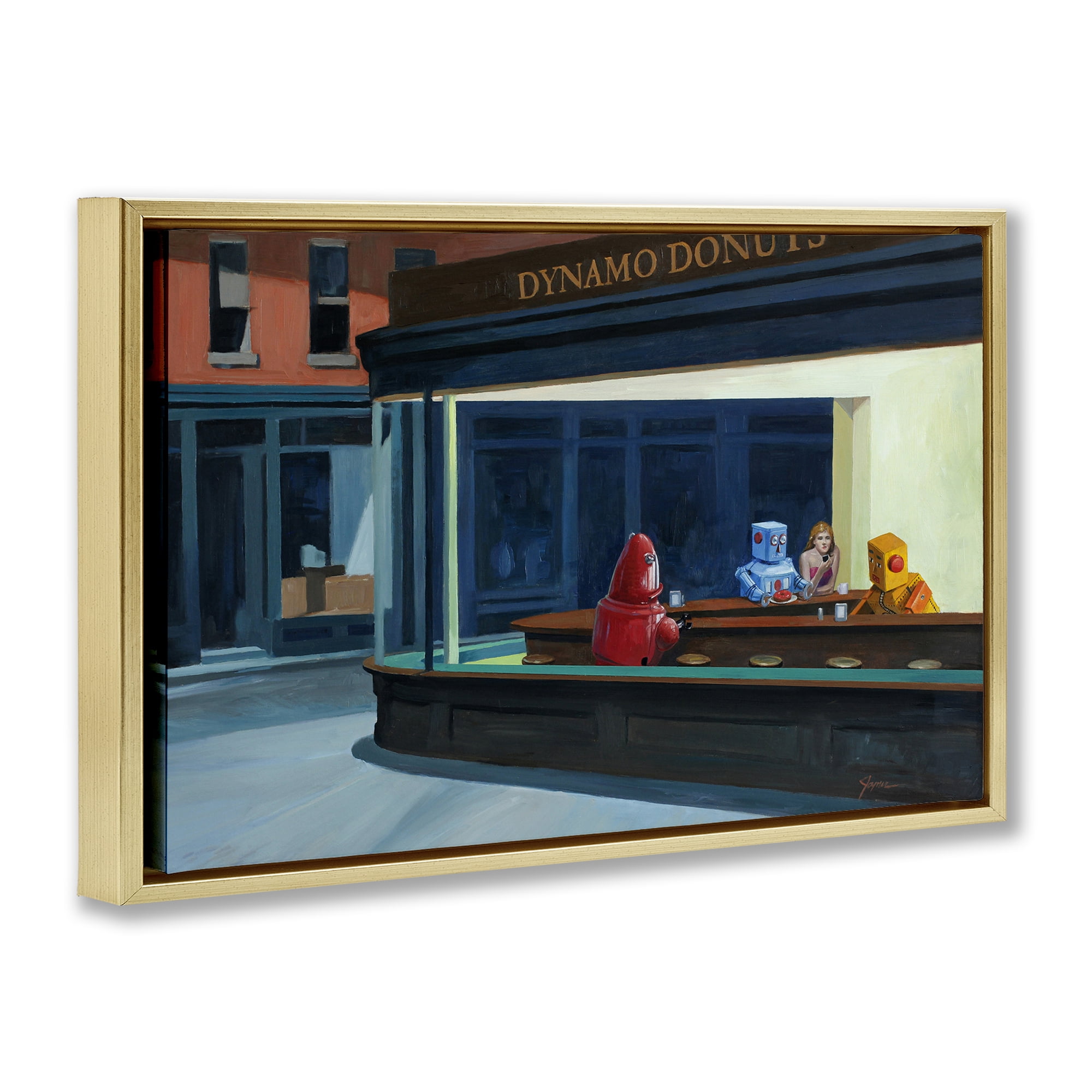 Stupell Industries Robots in Donut Shop Gold Framed Floater Canvas Wall Art, design by Eric Joyner