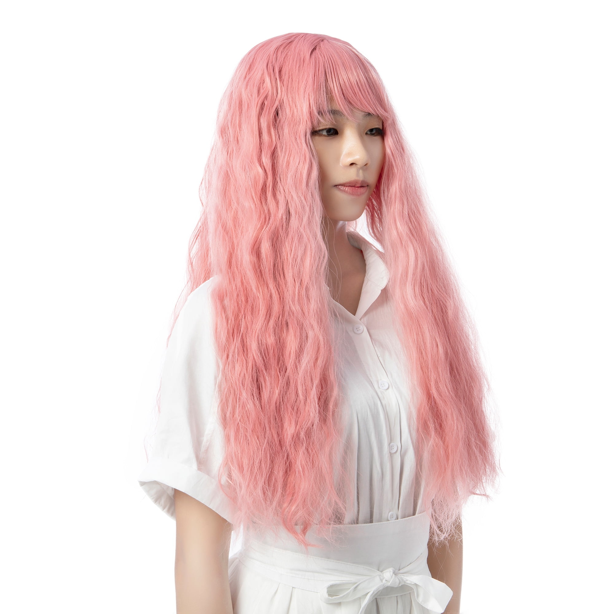 FLORATA Women's Long Pink Wig Wavy Culry Party Cosplay Halloween