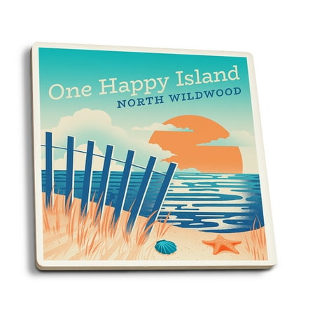 

North Wildwood New Jersey One Happy Island Sun-faded Shoreline Glowing Shore Beach Scene (Absorbent Ceramic Coasters Set of 4 Matching Images Cork Back Kitchen Table Decor)